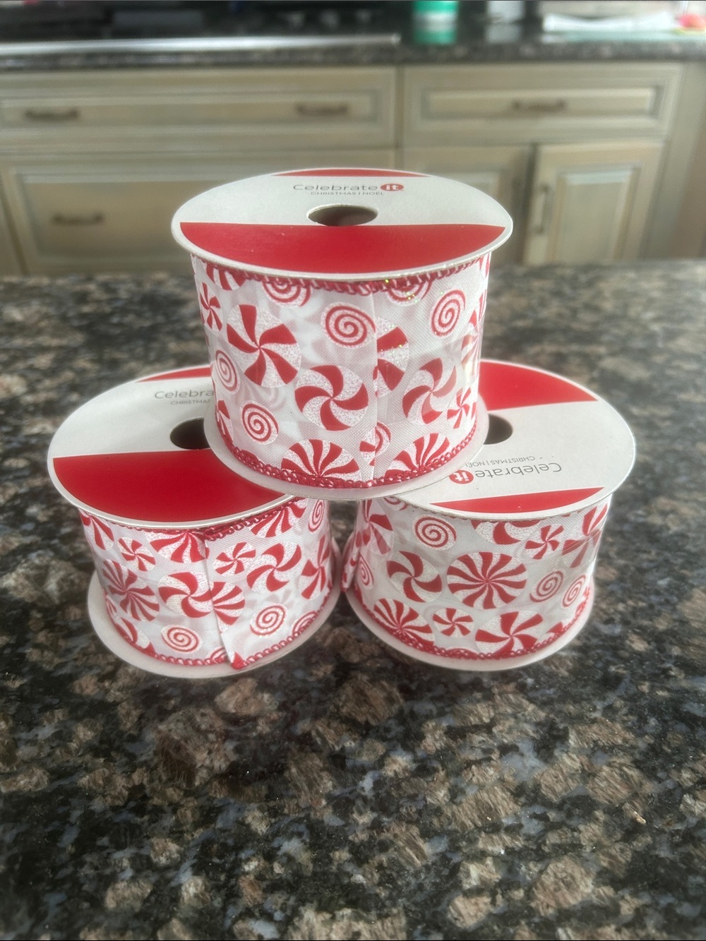 ASHLAND PEPPERMINT WIRED RIBBON 2.5"x20FT LOT OF 3 NWT